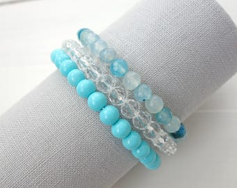 Layered Beaded Bracelet Turquoise Agate Stones Clear Glass Beads Elegant Style Jewelry