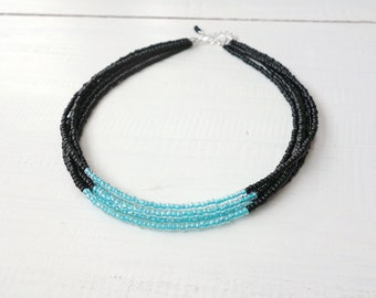 Collier ras de cou multi-rangs avec perles de rocaille noir aqua bleu turquoise Collier à cinq rangs de perles pour femme