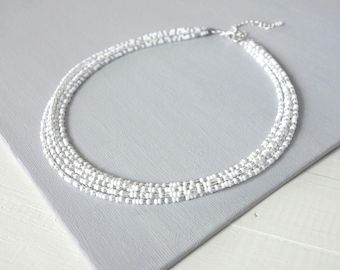 Multi Strand Beaded Choker Necklace White Seed Beads Layered Jewelry for Women