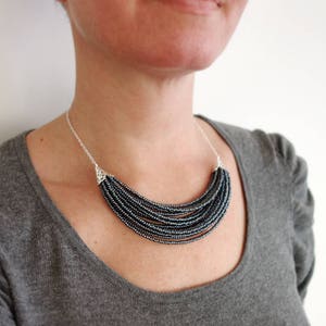 Multi Strand Seed Bead Bib Necklace Metallic Grey Layered Statement Jewelry for Women
