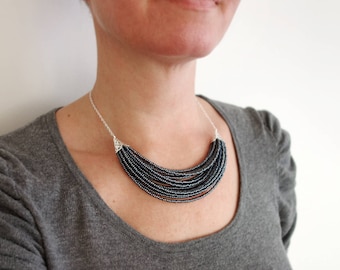 Multi Strand Beaded Statement Necklace Metallic Grey Seed Beads Necklace Layered Statement Bib Necklace for Women