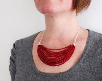 Red Seed Beads Bib Necklace Layered Statement Beaded Necklace Multi Strand Small Glass Beads Necklace for Women