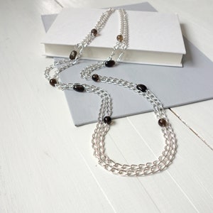 Long Double Chain Necklace Large Smoky Quartz Stones Necklace Chunky Chain Layered Long Necklace for Women image 1