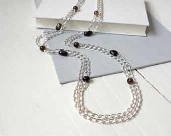 Long Double Chain Necklace Large Smoky Quartz Stones Necklace Chunky Chain Layered Long Necklace for Women