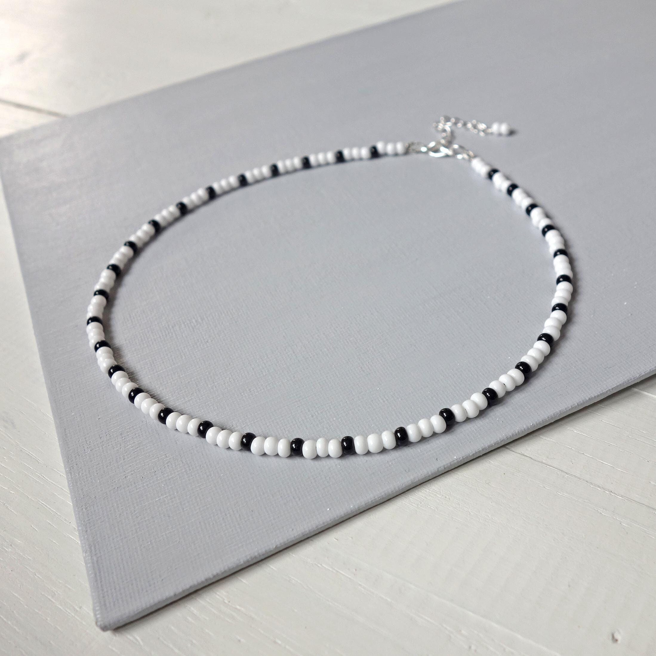Minimalist Beaded Necklace White Black Seed Beads Choker Necklace Unisex Style Small Glass Beads Necklace for Men for Women