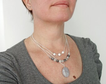 Layered Chain Necklace Set Gray Jasper Pendant White Howlite Black Rutilated Quartz Stones Stacking Necklaces for Women