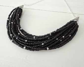 Layered Black Bib Necklace Multi Strand Black Seed Beads Minimalist Statement Necklace for Women