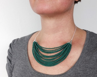 Layered Statement Bib Necklace Green Seed Beads Multi Stranded Bib Necklace Layered Beaded Necklace for Women