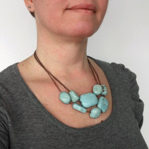 Chunky Beads Necklace Turquoise Clay Beads Layered Copper Chains Statement Necklace Multi Stranded Chunky Bib Necklace for Women image 3