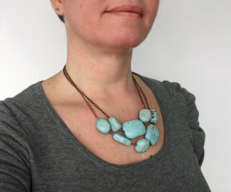 Chunky Beads Necklace Turquoise Clay Beads Layered Copper Chains Statement Necklace Multi Stranded Chunky Bib Necklace for Women image 3