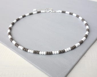 Unisex Beaded Choker White Gray Seed Beads Minimalist Necklace for Men for Women