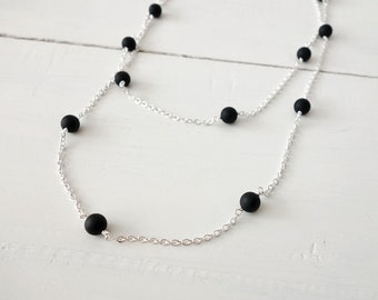 Long Chain Necklace Black Agate Stones Minimalist Long Necklace Dainty Chain Wrap Necklace for Women