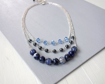 Chain Necklace Set Sodalite Hematite Stones Blue Glass Beads Set Of Three Layering Necklaces Elegant Blue Stacking Necklaces for Women