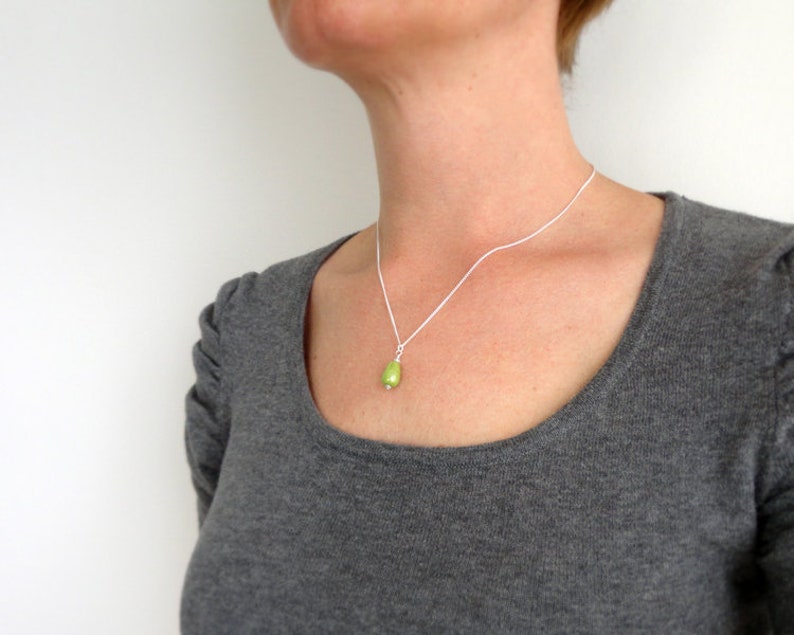Delicate Silver Chain Necklace Green Drop Pendant Minimalist Silver Necklace Apple Green Glass Bead Sterling Silver Necklace for Women image 4