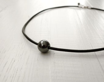 Leather Choker Necklace Black Leather Cord Single Hematite Stone Necklace Black Unisex Leather Necklace for Men for Women made to order