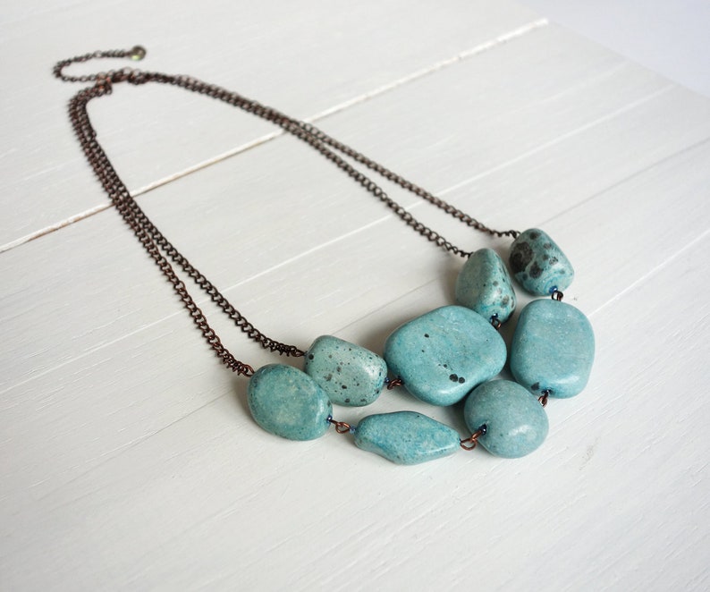 Chunky Beads Necklace Turquoise Clay Beads Layered Copper Chains Statement Necklace Multi Stranded Chunky Bib Necklace for Women image 2