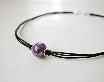 Leather Choker Necklace Purple Bead Rocker Chic Leather Necklace Rocker Style Black Cord Choker for Women