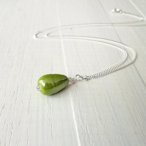 Delicate Silver Chain Necklace Green Drop Pendant Minimalist Silver Necklace Apple Green Glass Bead Sterling Silver Necklace for Women image 2
