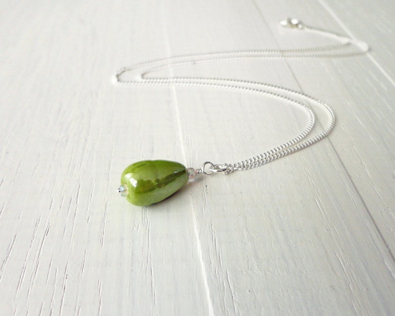 Delicate Silver Chain Necklace Green Drop Pendant Minimalist Silver Necklace Apple Green Glass Bead Sterling Silver Necklace for Women image 2