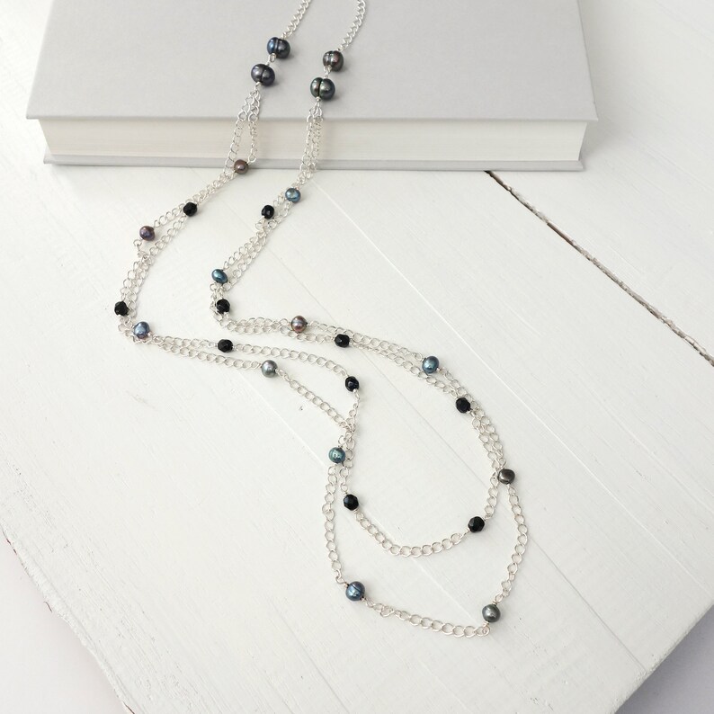 Double Chain Necklace Peacock Freshwater Pearls Black Glass Beads Long Necklace for Women image 5