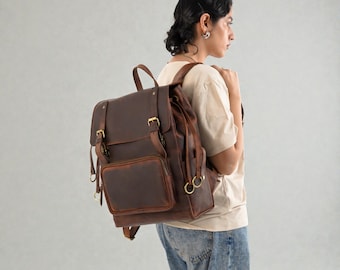 Leather Hunter Style Backpack Unisex Real  Rucksack for casual and daily use