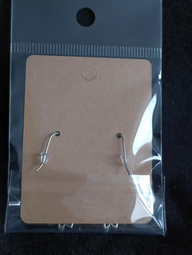 May include: Earrings displayed on a brown cardboard backing, enclosed in a clear plastic bag. The earrings have silver-colored hooks. The packaging has a small hole at the top for hanging.