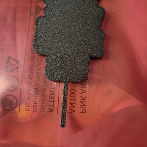 May include: A black, textured, decorative item with a unique shape, possibly a pendant or ornament. The item is set against a red background. The image was taken with an OPPO Find X5 camera.