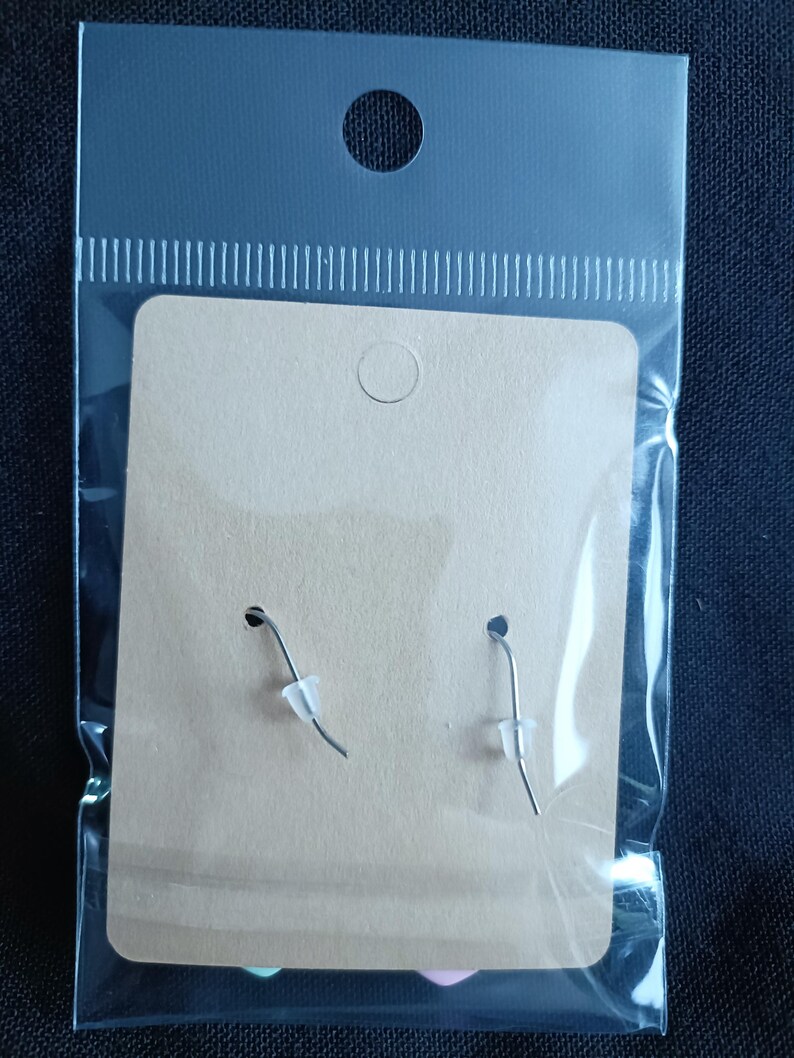 May include: A pair of earrings on a cardboard backing, packaged in a clear plastic bag. The earrings have silver-colored hooks and clear rubber stoppers. The cardboard is a light brown color.