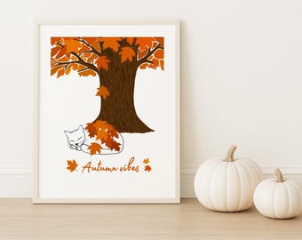 Art mural imprimable Chat sous le sapin, vibrations d'automne, affiche d'automne, décoration saisonnière chaleureuse, téléchargement numérique, impression d'art dans des tons chauds, décoration de chambre automne