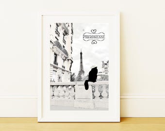 Cat in Paris Wall Art – Paris Cat Poster, French Aesthetic Printable Art, Black Cat Print, French Cat Phone Wallpaper, Digital Download