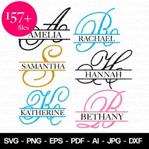May include: Five split monogram designs with different names and colors. The names are Amelia, Rachael, Samantha, Hannah, and Bethany. The letters are in a cursive font and the names are written below the letters.