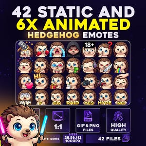 42 + 6 geanimeerd egelemotepakket, png en gif voor streamers, Twitch, Discord, Kick, | Mega-emotepakket Chibi Hedgehog