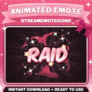 Puede incluir: Emoticón animado rosa con la palabra "RAID" en fuente de burbujas, rodeado de ráfagas de estrellas y un diseño de nube rosa. La pancarta dice "ANIMATED EMOTE" y "STREAMEMOTEICONS". La pancarta inferior dice "INSTANT DOWNLOAD + READY TO USE".