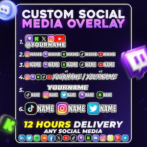 Superposición de barra de nombre de redes sociales personalizada para Twitch Kick Discord Tiktok Twitter y YouTube / Etiquetas de transmisión personalizadas para OBS Streamlabs