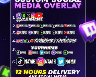 Custom Social Media Name Bar Overlay for Twitch Kick Discord Tiktok Twitter and Youtube | Personalized Stream Labels for OBS Streamlabs
