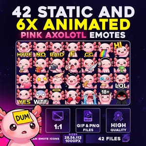 42 + 6 animerade rosa Axolotl-emotespaket PNG och GIF för streamers, Twitch, Discord, Kick, | Chibi Ocean Axolotl Mega Emote Pack