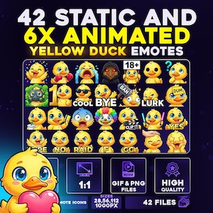 Könnte beinhalten: Digitalgrafik mit 42 statischen und 6 animierten gelben Enten-Emotes mit verschiedenen Ausdrücken. Der Text lautet "42 STATIC AND 6X ANIMATED YELLOW DUCK EMOTES" und "HIGH QUALITY". Der Text "18+" ist ebenfalls enthalten.