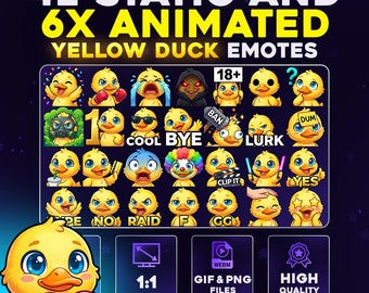 42 + 6 Animated Yellow Duck Emotes Pack PNG & GIF for Streamers, Twitch, Discord, Kick, | Chibi Baby Duck Mega Emote Pack