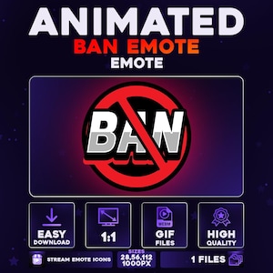 Może przedstawiać: Animowana grafika emotikonu zakazu z czerwonym znakiem zakazu nad słowem "BAN". Obraz zawiera tekst z napisem "EASY DOWNLOAD", "1:1", "GIF FILES" i "HIGH QUALITY". Obraz zawiera również tekst "STREAM EMOTE ICONS" i "SIZES 28, 56, 112 1000PX".