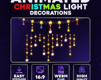 Könnte beinhalten: Animierte Weihnachtslichtdekorationen auf dunkelblauem Hintergrund. Das Bild zeigt Girlanden mit animierten Weihnachtslichtern in Stern- und Glockenformen. Der Text enthält "Easy Download", "16:9", "WEBM Files" und "High Quality".