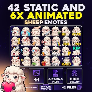 Puede incluir: Gráfico digital con 42 emoticonos de ovejas estáticas y 6 animadas. Los emoticonos muestran diversas expresiones y acciones. El texto "42 STATIC AND 6X ANIMATED SHEEP EMOTES" está incluido. También se incluye el texto "GIF & PNG FILES".