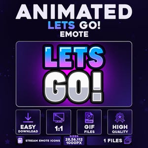 Może przedstawiać: Animowany projekt emotki "Lets Go!" z fioletowo-niebieskim gradientem w tle. Tekst "LETS GO!" jest pogrubiony i obramowany. Zawiera ikony ułatwiające pobieranie, proporcje 1:1, pliki GIF i wysoką jakość.