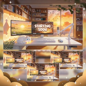 May include: Digital art of a streaming setup with two monitors displaying a sunset scene and "STARTING SOON" text. A white cat with blue eyes rests on the desk. A microphone and keyboard are also visible.