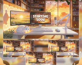 Animated Sunset Anime Gamer Room Twitch Screens, Warm Golden Hour Aesthetic Overlays for OBS Streamlabs Kick, Cozy White Cat Scenes