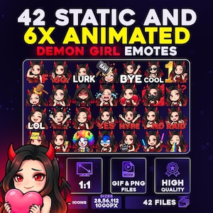 Pode incluir: Um gráfico de arte digital com 42 emotes estáticos e 6 animados de Demon Girl. Os emotes exibem várias expressões e ações. A imagem inclui o texto "42 STATIC AND 6X ANIMATED DEMON GIRL EMOTES".