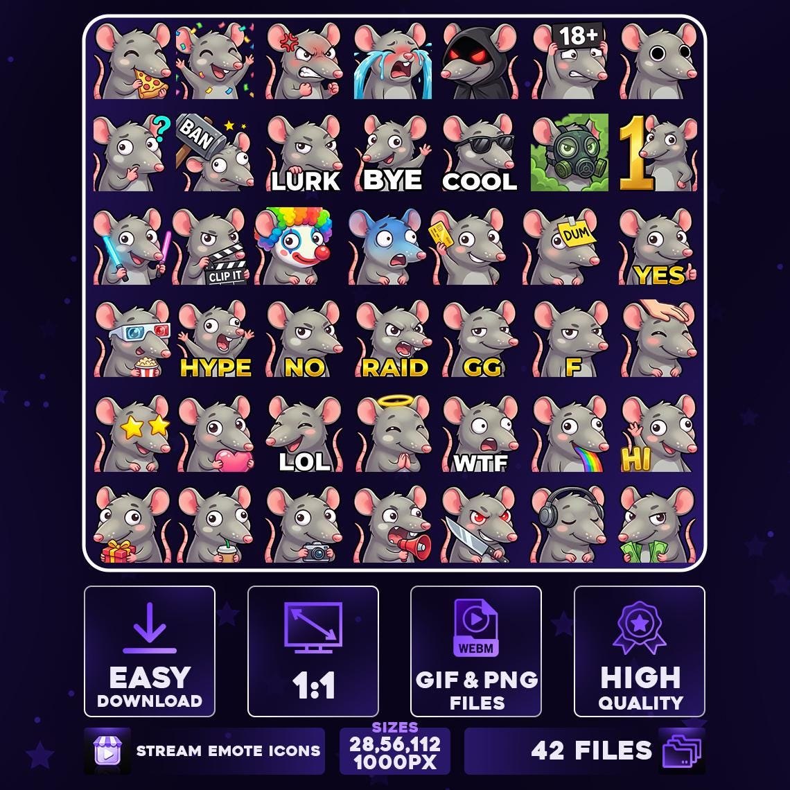 42 + 6 Animated Rat Emotes Pack PNG & GIF for Streamers, Twitch ...