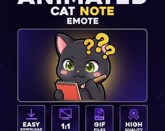 Animated Black Cat Note Emote – Cute Writing Cat for Twitch Discord YouTube | Kawaii Notepad Stream Emote Instant Download