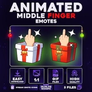 Peut inclure: Émoticônes animés de doigt d'honneur. L'image présente deux boîtes cadeaux, une blanche et une rouge, chacune avec une main faisant un doigt d'honneur. Les boîtes ont des nœuds et des cloches. Le texte comprend "EASY DOWNLOAD", "1:1", "GIF FILES" et "HIGH QUALITY".