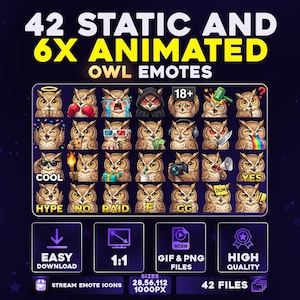 Puede incluir: Un gráfico digital con 42 emoticonos de búho estáticos y 6 animados. Los emoticonos muestran diversas expresiones y acciones, con etiquetas de texto como "COOL", "HYPE" y "YES". La imagen también incluye iconos para descarga fácil, tipos de archivo y alta calidad.