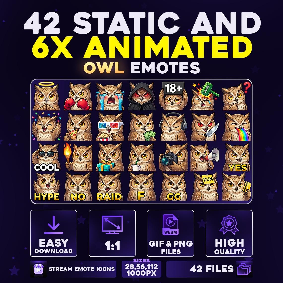 42 + 6 Animated OWL Pack PNG & GIF for Streamers, Twitch, Discord, Kick, | Chibi Forest Owl Mega
